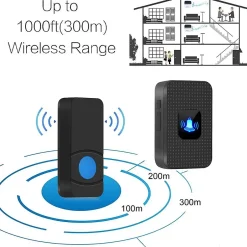 Sonnette sans fil, sonnette électronique d'extérieur étanche IP55, portée 300 m, 38 mélodies, 5 niveaux de volume, noire^Deko Online
