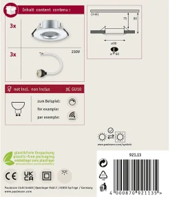 Spot encastré Kit de 3 fixe rond 90mm GU10 max. 3x10W 230V gradable Chrome mat^Paulmann Outlet