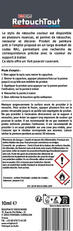 Stylo retouche multisupports coloris noir brillant RAL9005 10ml-Soloplast