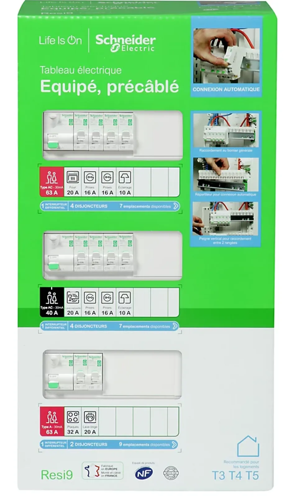 Tableau électrique pré-équipé et pré-câblé T3 au T5 - 3 rangées - 39 modules Resi9 XE^Schneider Electric Hot