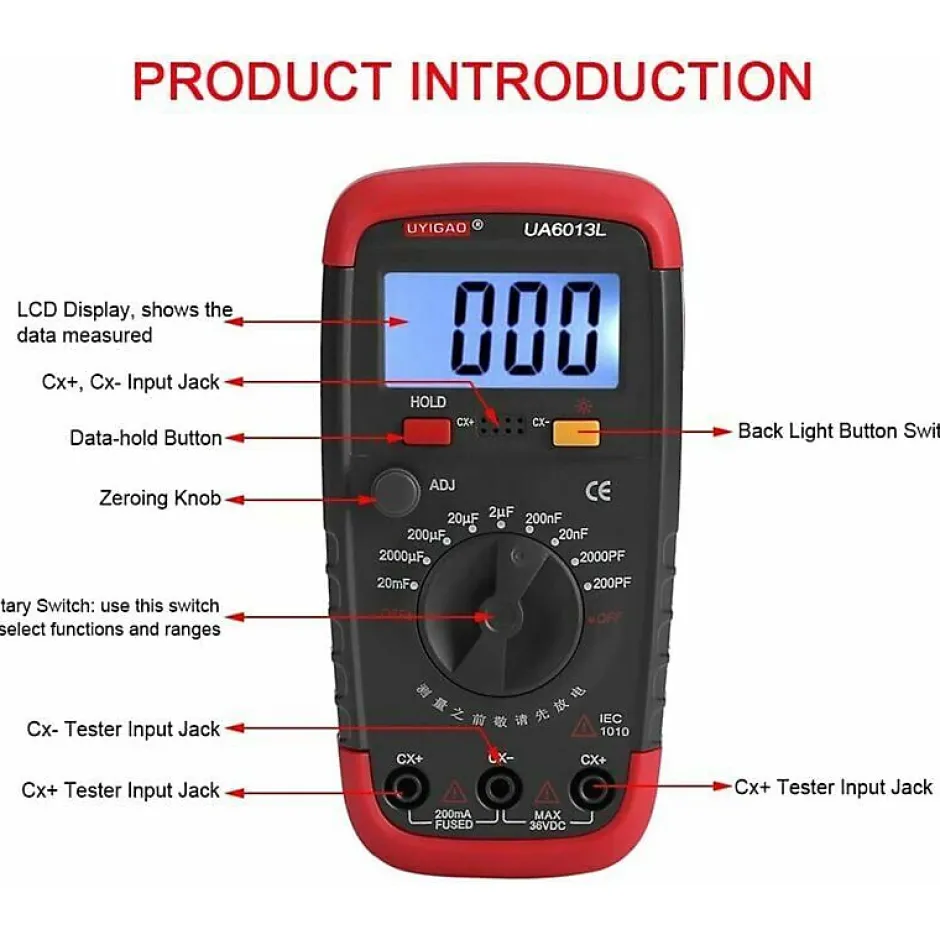 Testeur de condensateur, multimètre numérique de capacité avec rétroéclairage LCD et boîtier de sécurité avec affichage-Deko Online