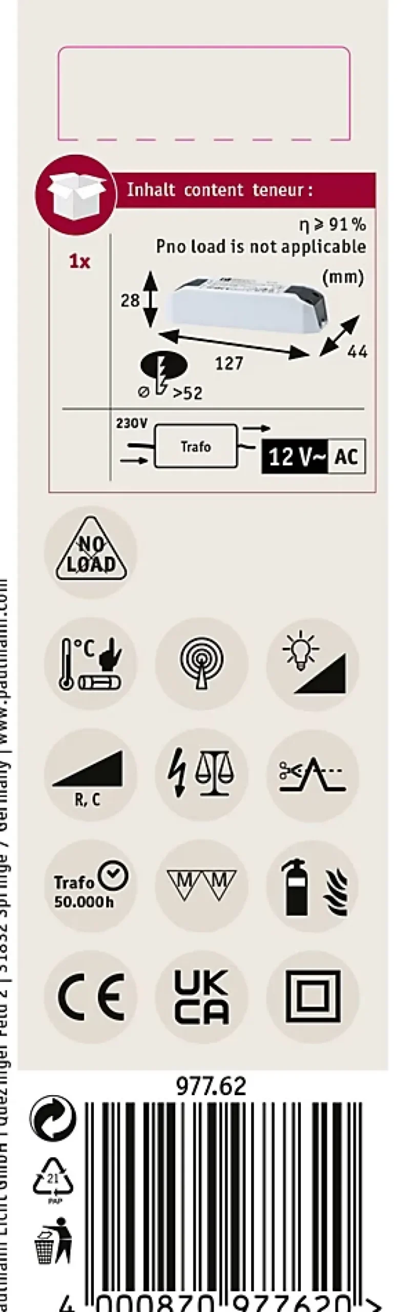 Transfo électronique Halogen+LED max. 0-50W 220-240/12V 50VA Blanc-Paulmann