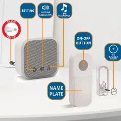TWEED : Lot de 2 carillons avec prise + 1 bouton-sonnette, 150m, 36 mélodies. Blanc-Velamp New