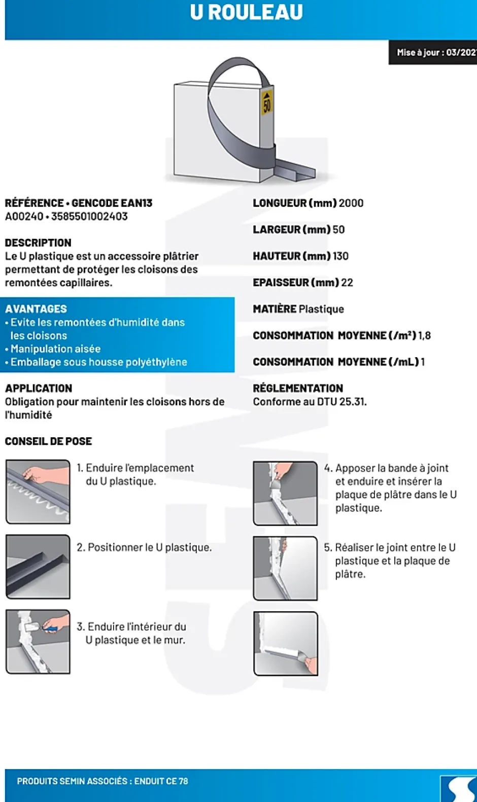 U rouleau , Protège les Cloisons des Remontées Capillaires, 50 mm x 20 m-Semin Discount