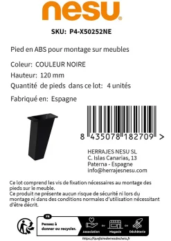 4un. Pied de meuble incliné scandinave pied nordique en résine plastique ABS ANTI-HUMIDITÉ noire. Hauteur 120mm^Nesu Best