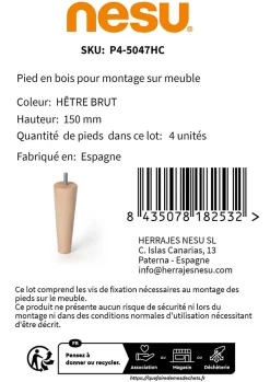 4un. Pied de meuble nordique pied conique en bois de hêtre naturel non vernis. Hauteur 150mm^Nesu Discount