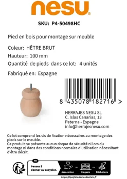 4un. Pied de meuble pied de canapé en bois de hêtre naturel non verni. Hauteur 100mm-Nesu Clearance
