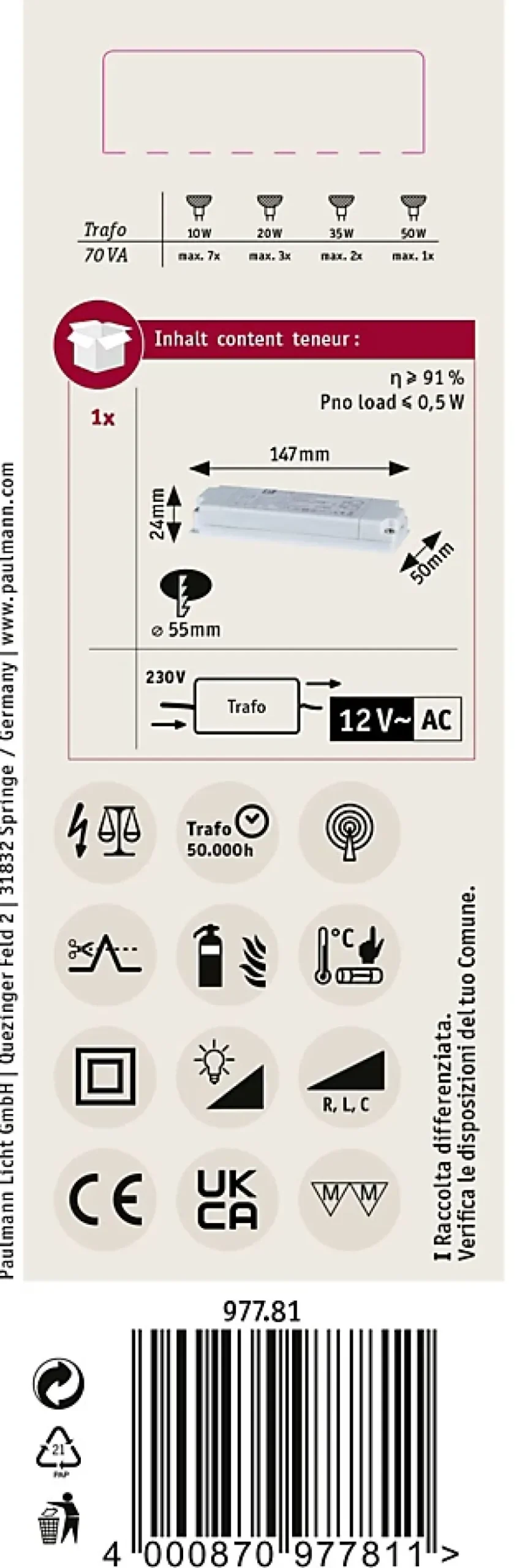 VDE Transfo électronique Flat Halogen AC max. 20-70W 230/12V 70VA Blanc^Paulmann