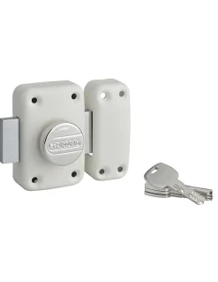 Verrou à bouton Transit 2 pour porte d'entrée, cylindre 50mm, 4 clés, blanc -^Thirard Clearance