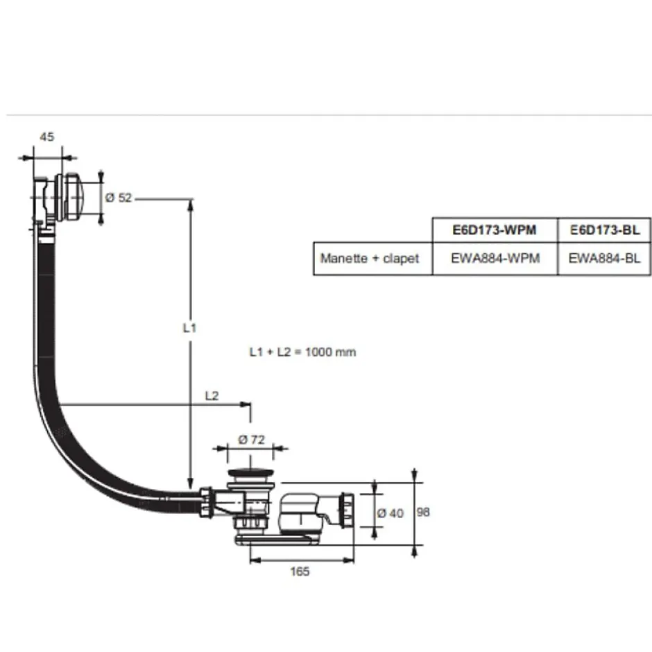 Vidage baignoire extra plat câble long (1m) Blanc mat-Jacob Delafon Sale