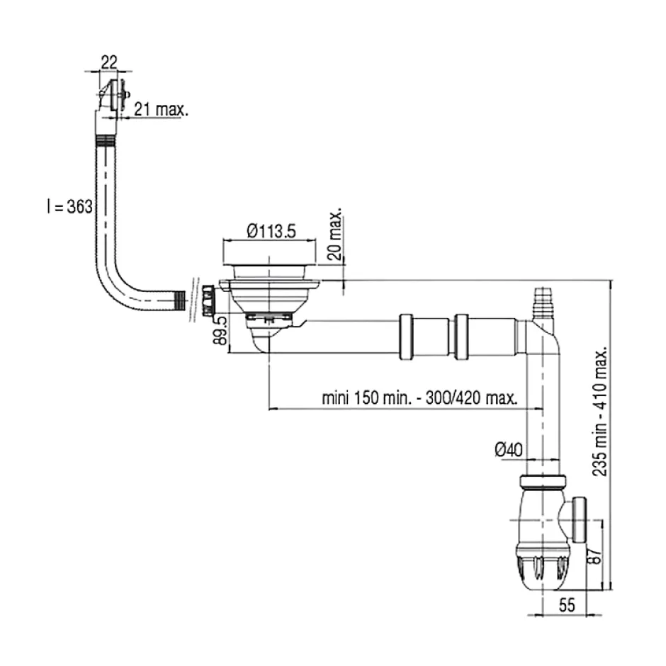 Vidage évier 1 cuve 90 mm avec trop plein^Valentin Sale