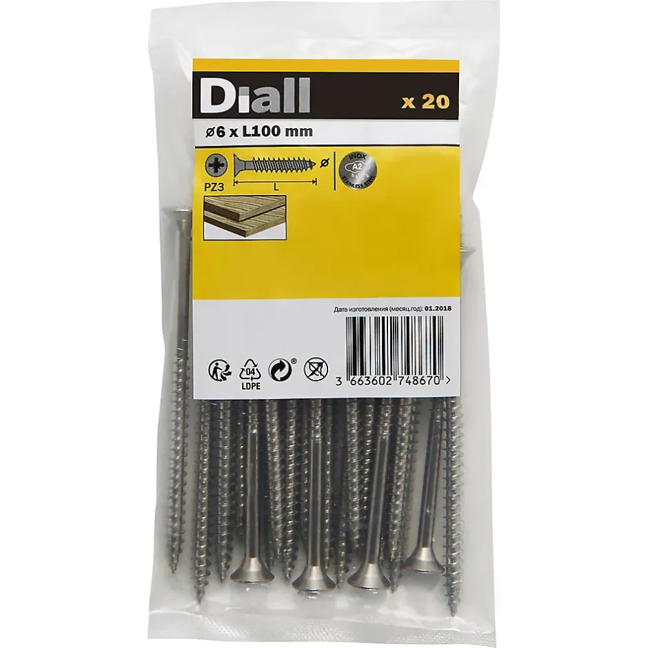 Vis à bois en acier inoxydable A2 pozidriv 6x100 mm - 20 pièces-Diall New