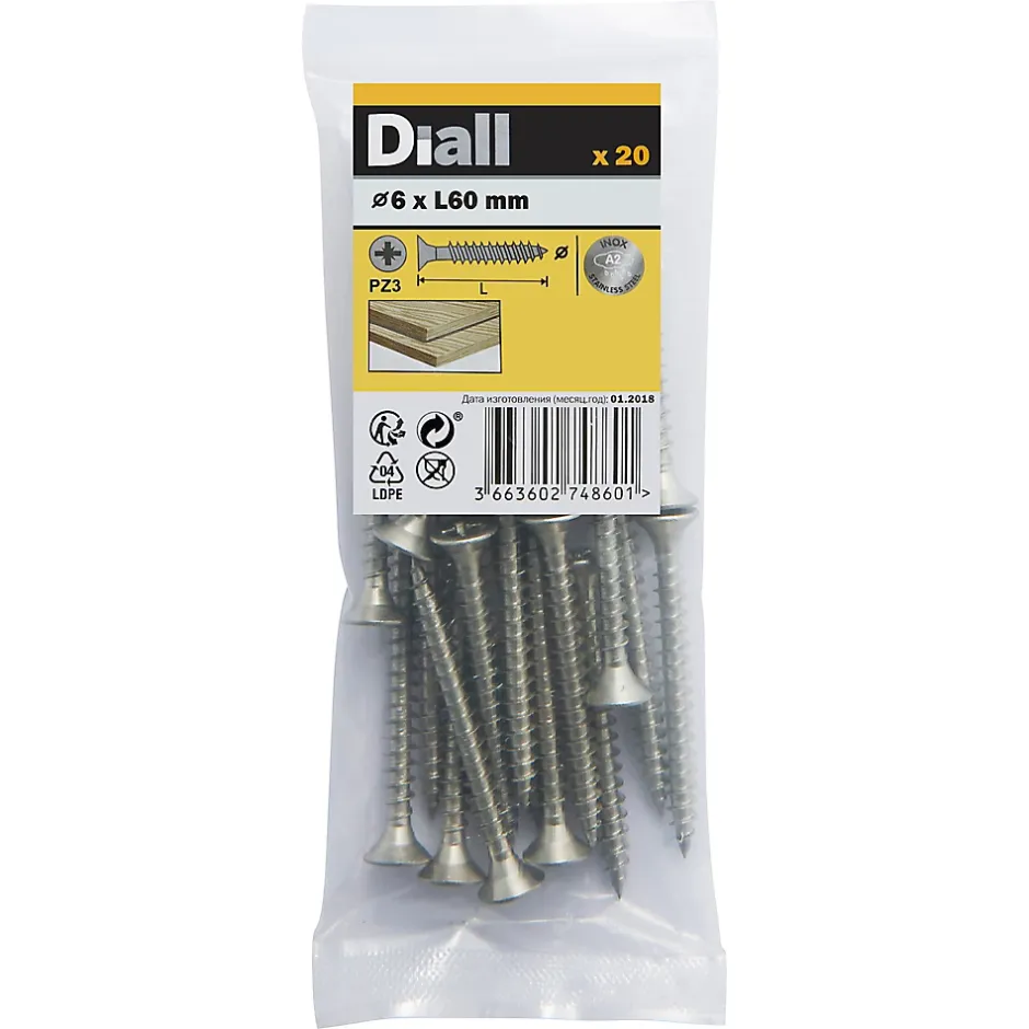 Vis à bois en acier inoxydable A2 pozidriv 6x60 mm - 20 pièces-Diall