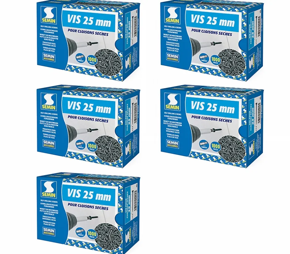 Vis Auto Perceuse 25 mm - Fixation des Plaques de Plâtre sur l'Ossature - Intérieur - Boîte de 1000 Pièces (Lot de 5000)-Semin Online