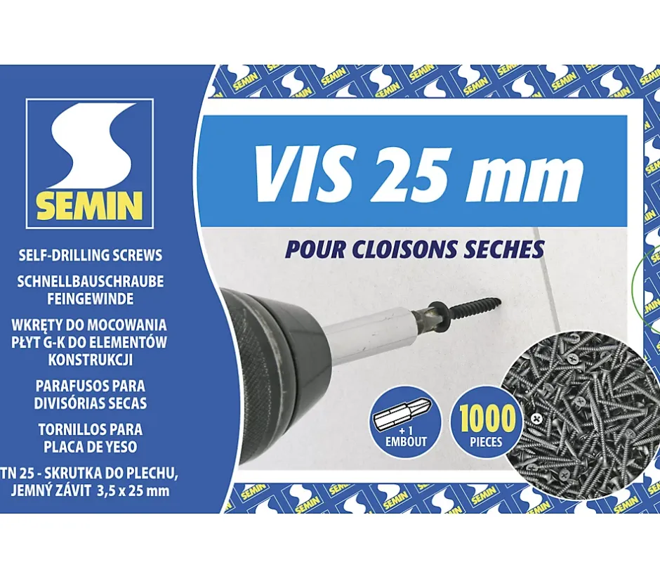 Vis Auto Perceuse 25 mm - Fixation des Plaques de Plâtre sur l'Ossature - Intérieur - Boîte de 1000 Pièces (Lot de 2000)-Semin Online