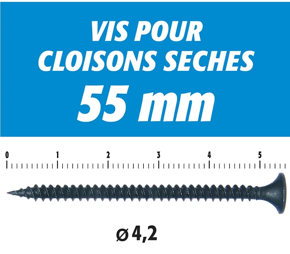 Vis Auto Perceuse 55 mm - Fixation des Plaques de Plâtre sur l'Ossature - Intérieur - Boîte de 500 Pièces^Semin Hot