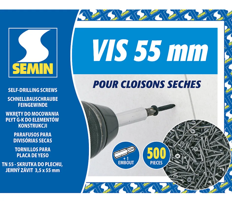 Vis Auto Perceuse 55 mm - Fixation des Plaques de Plâtre sur l'Ossature - Intérieur - Boîte de 500 Pièces^Semin Hot