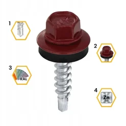 Vis de toiture WFD pour tôle trapézoïdale sur bois RAL 3005 Rouge vin 4,8x25 mm 250 pièces-Klimas Discount