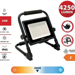 WAINGRO 50W : Projecteur de travail LED SMD 50W avec support de terre et câble 3m-Velamp Hot