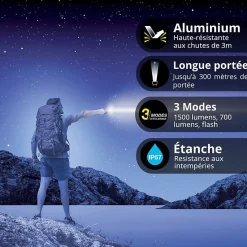 - Lampe Torche LED Métallique, x3 Modes d'Eclairage, 1500 Lumens, Piles Incluses - TO1500L-Xanlite New