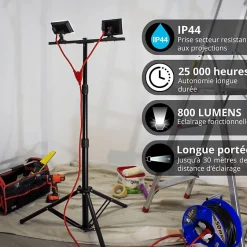 - Projecteur de Chantier LED sur Pied, Filaire, x2 Projecteurs 20 W, 2800 Lumens - PR20W2T^Xanlite
